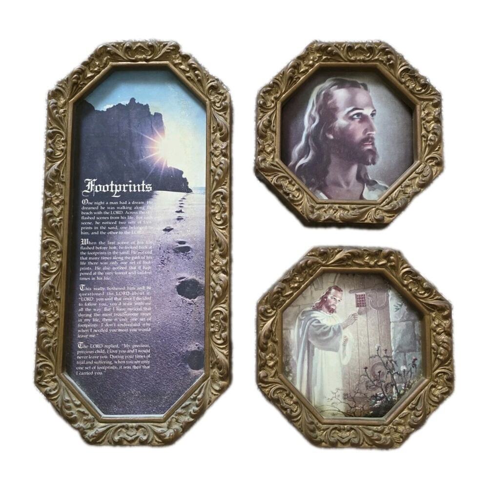 Vintage Burwood Framed Footprints Religious Jesus Ornate Pictures Set Of 3 Gold